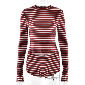 Slim fit two-piece set for women featuring red, black, and white striped long sleeve top