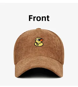 Detailed front view of brown corduroy baseball cap with cute embroidered duckling