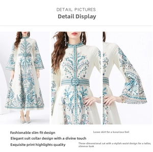 Detail of royal style stand collar and intricate floral print on long sleeve dress