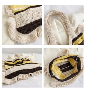 Detail view of handmade knitted tote bag with beige, yellow, and brown stripes and ruffles