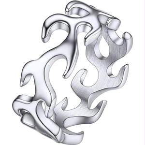 Hip hop style stainless steel flame ring with hollow silver carving for men and women