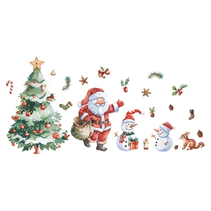 Adesivi murali natalizi acquerello con Babbo Natale, pupazzo di neve e alberi festivi