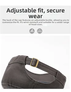 Detail view of adjustable metal buckle and durable cotton strap on the gray sun hat