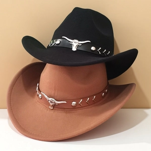Western Cowboy Hat For Men Women Polyester Felt Fedora Hat With Metal Bull Head Leather Belt Rivet Retro Jazz Party Hat