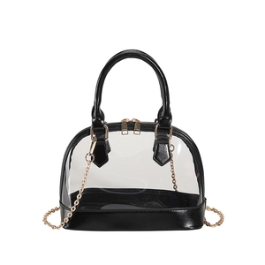 Detail of transparent shell bag with black PVC trim and dual golden metal zippers
