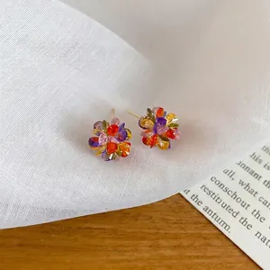 Exquisite multi-color crystal flower stud earrings with gold pins for women fashion