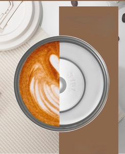 Close-up of 316L stainless steel coffee cup liner showing material stamp and latte