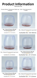 Detailed chart of transparent silicone chair leg caps with felt pads in various sizes
