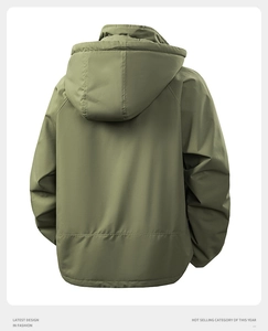Back view of army green hooded windbreaker jacket with raglan sleeves and outdoor styling