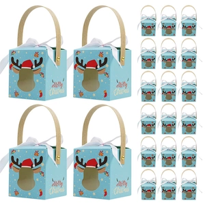 Blue Christmas gift boxes with reindeer pattern and white bows in a bulk set packaging