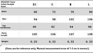 Size guide table for velvet straight leg trousers showing measurements for sizes XS to L