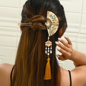 Fan Shaped Metal Hair Stick Vintage Chinese Style With Tassel And Artificial Pearl Beads Hanfu Qipao Wedding Jewelry For Women