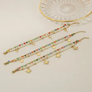 Stainless Steel Double Layered Bracelet Gold Plated Colorful Beads Heart Moon Star Charms Boho Fashion Jewelry For Women