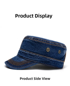 Side view of blue denim military flat top cap with orange double stitching and eyelets
