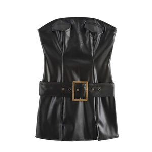 Black PU Leather Strapless Mini Dress Sexy Slim Fit High Waist Bodycon With Wide Belt Gold Buckle Decorative Pocket