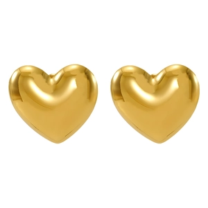 Polished 18k gold heart stud earrings in minimalist stainless steel for women