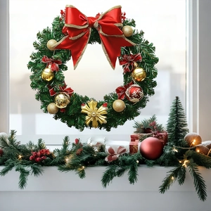 Christmas wreath with red bows and gold ornaments hanging on window for home holiday decor