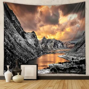Landscape Tapestry Polyester Snow Mountain Lake Sunset Scenery Wall Hanging Decor For Bedroom Living Room Nature Style