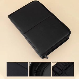 Detail of professional makeup brush bag showing durable texture and internal elastic slots