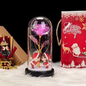 Christmas glass dome with purple rose, LED lights, festive figurines and red gift bag