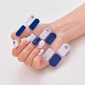 Detail showing marble texture and blue nail art stickers applied on hand for model DQ3-109