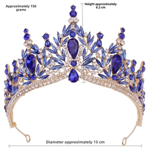 Detail view of gold bridal crown with blue gemstones, size 15x8.2cm, weighing 158g