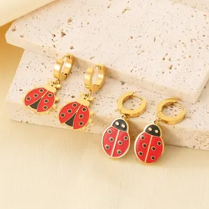 Ladybug Dangle Hoop Earrings Gold Plated Stainless Steel Red Black Enamel Cute Insect Animal Jewelry For Women Girls