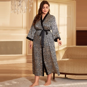 Luxurious leopard print silk kimono bathrobe with black satin trim and waist belt