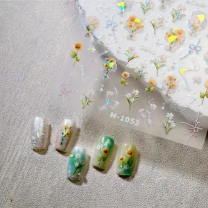 Detail of 3D laser daisy and sunflower nail stickers model M-1053 with holographic effect