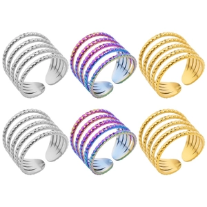 Multilayer Hollow Ring Stainless Steel Beaded Texture Open Adjustable Minimalist Style For Men Women