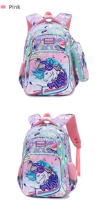 Detailed back view of unicorn school bag with ergonomic padded pink straps and side mesh pocket