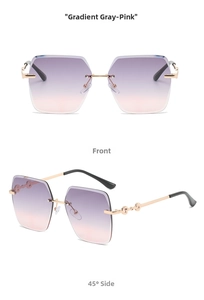 Frameless hexagonal sunglasses with gradient pink lenses and rose gold metal temples