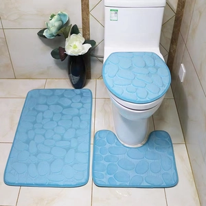 3-piece light blue pebble texture bathroom mat set with absorbent coral fleece surface