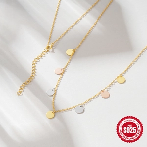 S925 sterling silver necklace with tricolor geometric round discs and tassels charm