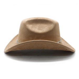 Close-up of sparkling rhinestone chain on the camel suede western cowboy hat band
