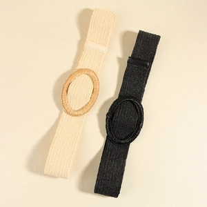 Beige and black woven elastic waist belts with round buckles for dresses and fashion