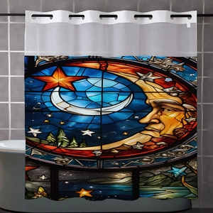 Waffle weave shower curtain with stained glass moon and forest art for bathroom decor