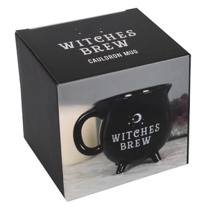 Detailed view of Witches Brew cauldron mug and its decorative gift packaging box