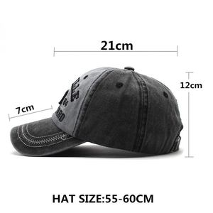 Detailed size chart of vintage washed cotton baseball cap with 3D embroidery measurements