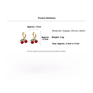 Detailed view of red zircon cherry earrings with copper base and resin materials