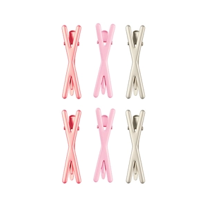 Korean style minimalist X-shaped duckbill hair clips in pastel pink and champagne silver set
