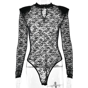 Sexy black lace long sleeve bodysuit with shoulder pads and high neck on a white background