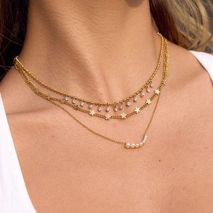 Elegante collana a tre strati placcata oro 18K con perle e zirconi rotondi scintillanti