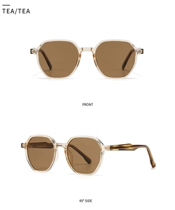 Front and side view of champagne round sunglasses with tortoise shell temples
