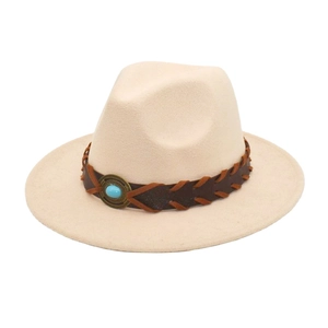 Detail of felt fedora hat featuring woven leather band and turquoise stone ornament