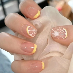 Women Fresh Lemon Pattern Press On Nails Summer Yellow French Tip Almond Shape Fake Nails Set With Glue DIY Nail Art Kit