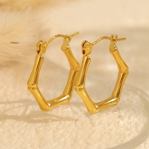 Retro geometric hexagonal bamboo texture hoop earrings in 18K gold plated titanium steel