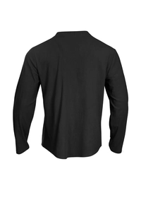Rear view of black long sleeve knitted cardigan shirt showing textured fabric detail