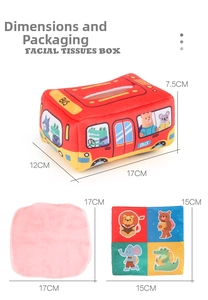 Detailed view showing dimensions of red bus plush tissue box with cartoon educational cloths