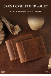 Two vintage brown crazy horse leather wallets on dark wood surface with rustic decor